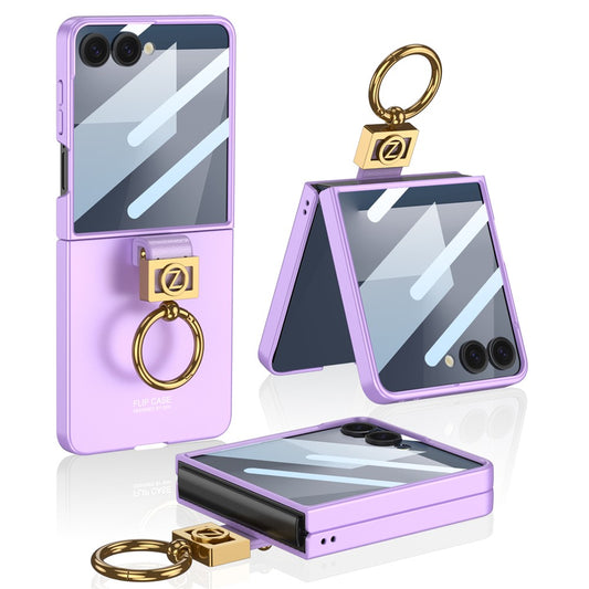 GKK For Samsung Galaxy Z Flip7 5G PC Phone Case with Ring Holder + Tempered Glass Front Screen Film - Purple