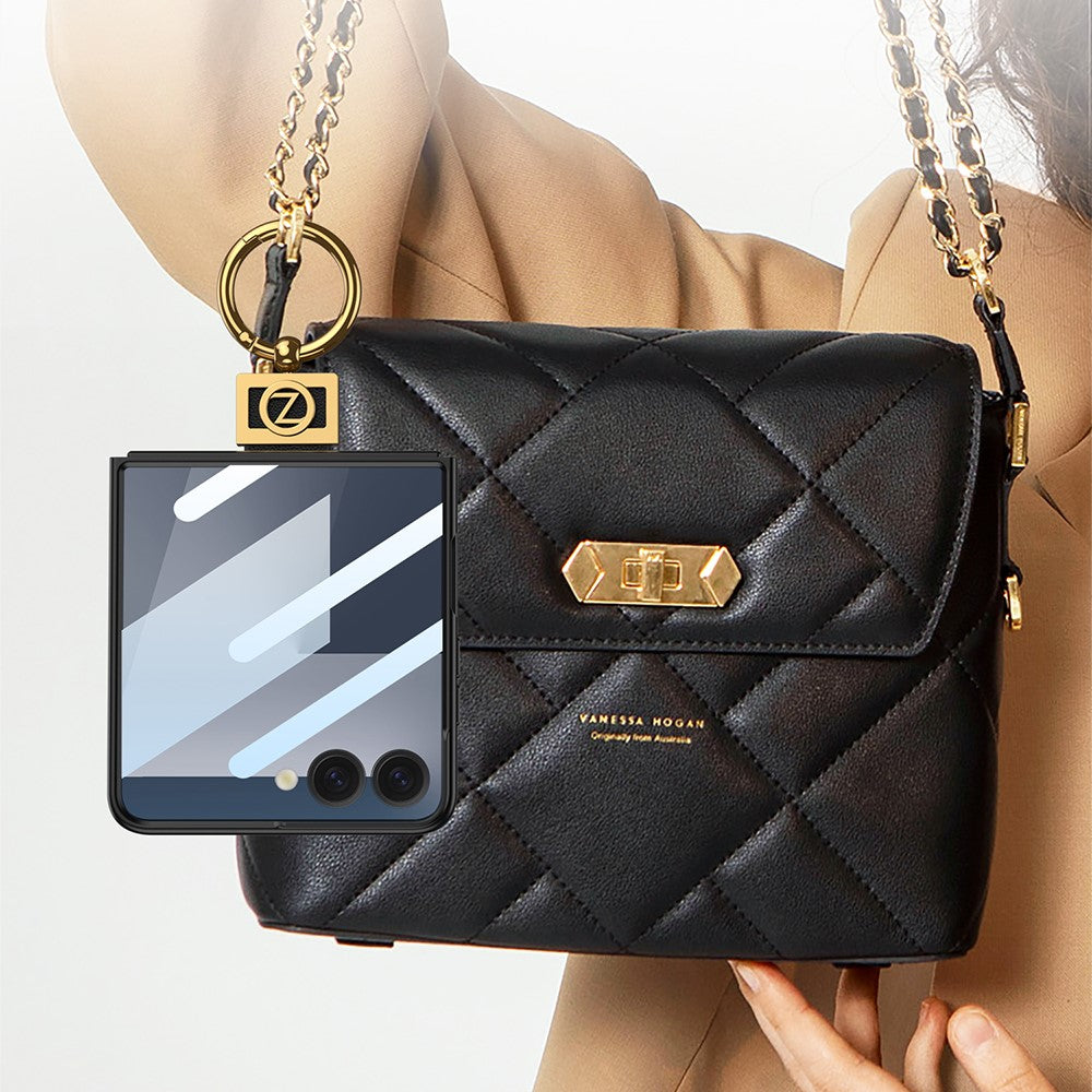 GKK For Samsung Galaxy Z Flip7 5G PC Phone Case with Ring Holder + Tempered Glass Front Screen Film - Purple