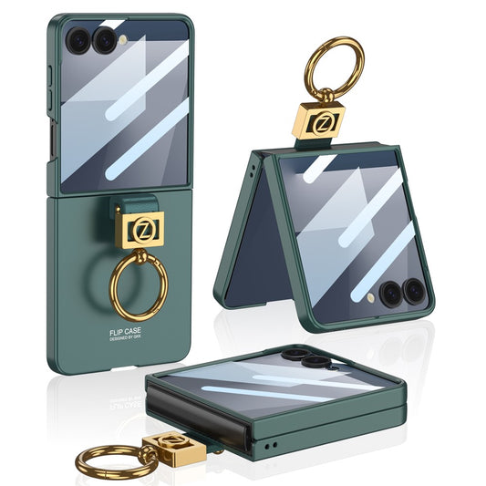 GKK For Samsung Galaxy Z Flip7 5G PC Phone Case with Ring Holder + Tempered Glass Front Screen Film - Green