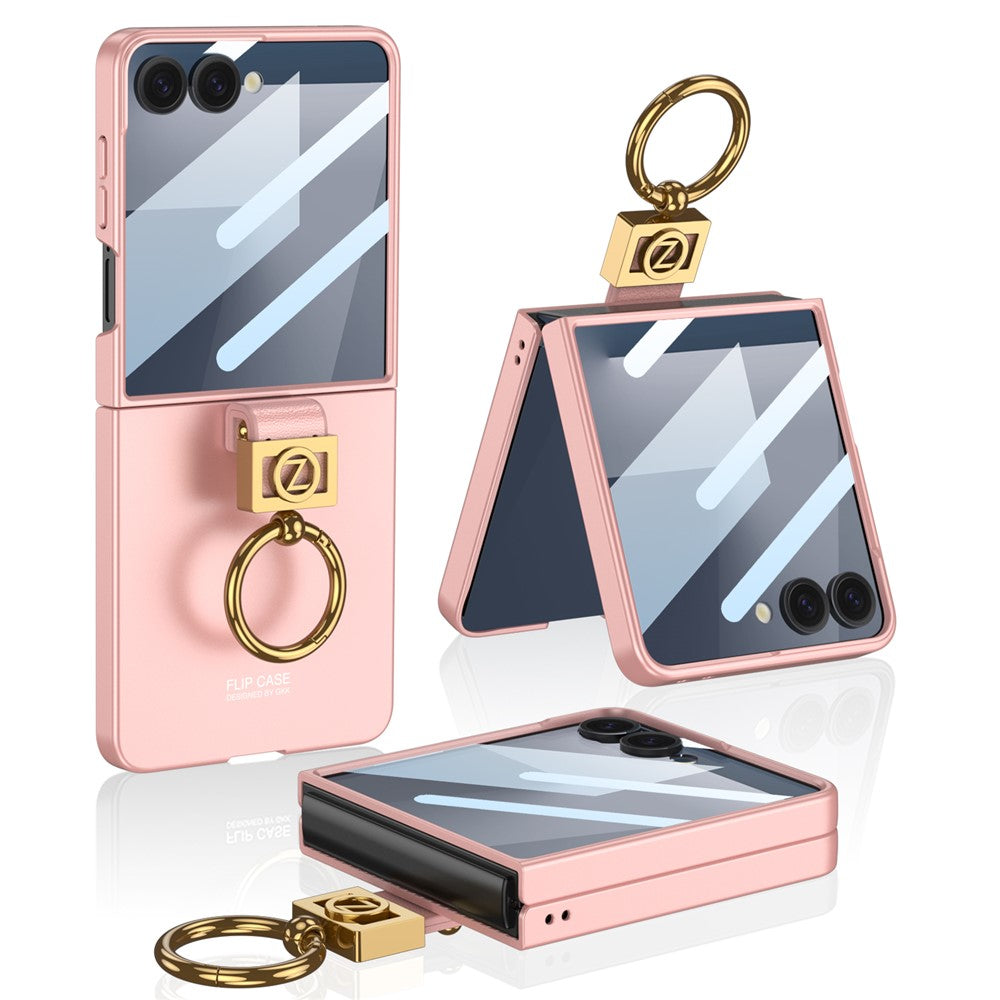 GKK For Samsung Galaxy Z Flip7 5G PC Phone Case with Ring Holder + Tempered Glass Front Screen Film - Pink