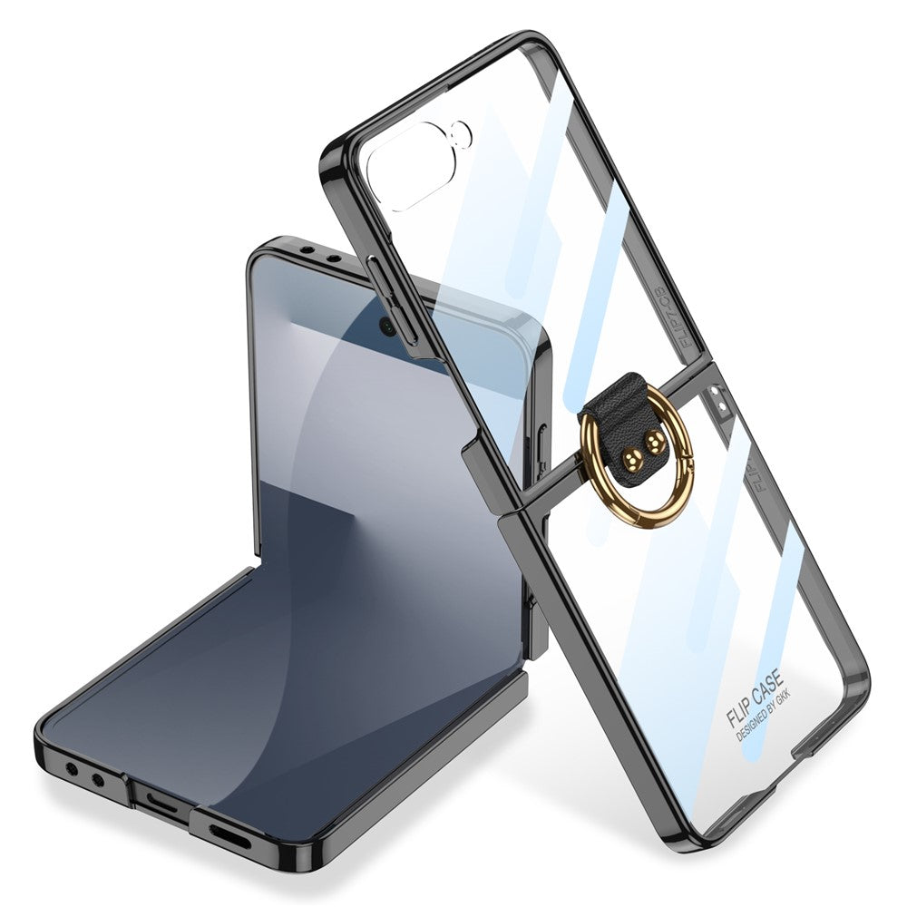 GKK For Samsung Galaxy Z Flip7 5G Case with Screen Film / Ring Holder Electroplating Hard PC Tempered Glass Phone Cover - Black