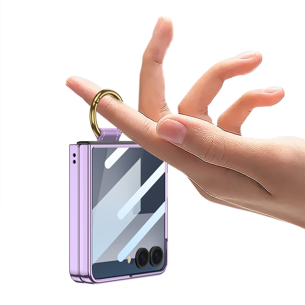 GKK For Samsung Galaxy Z Flip7 5G Case with Screen Film / Ring Holder Electroplating Hard PC Tempered Glass Phone Cover - Black