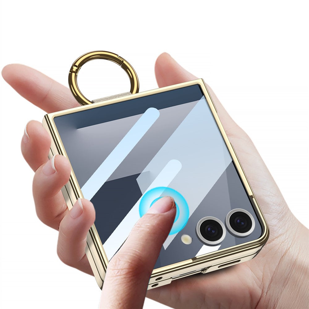 GKK For Samsung Galaxy Z Flip7 5G Case with Screen Film / Ring Holder Electroplating Hard PC Tempered Glass Phone Cover - Transparent