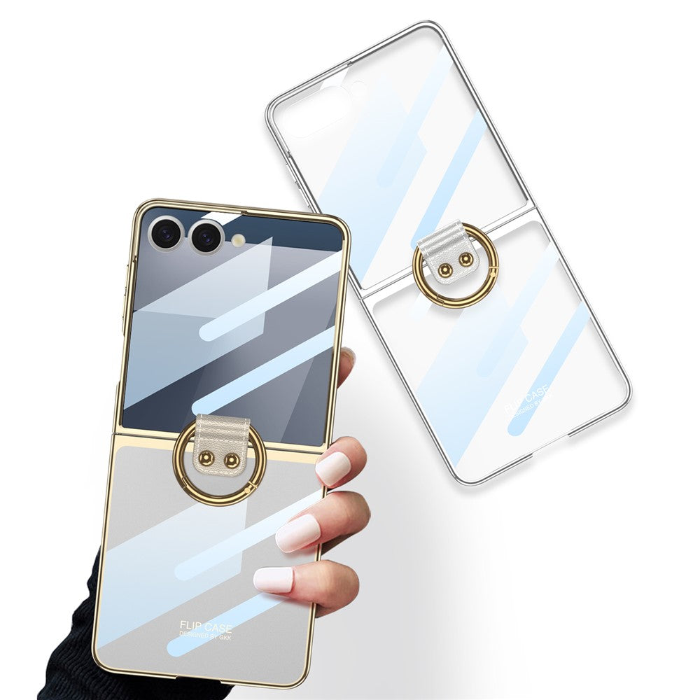 GKK For Samsung Galaxy Z Flip7 5G Case with Screen Film / Ring Holder Electroplating Hard PC Tempered Glass Phone Cover - Transparent
