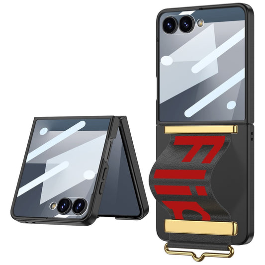 GKK For Samsung Galaxy Z Flip7 5G Case Wristband Design PU Leather+PC Phone Cover with Screen Film - Black