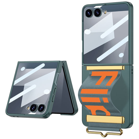 GKK For Samsung Galaxy Z Flip7 5G Case Wristband Design PU Leather+PC Phone Cover with Screen Film - Green