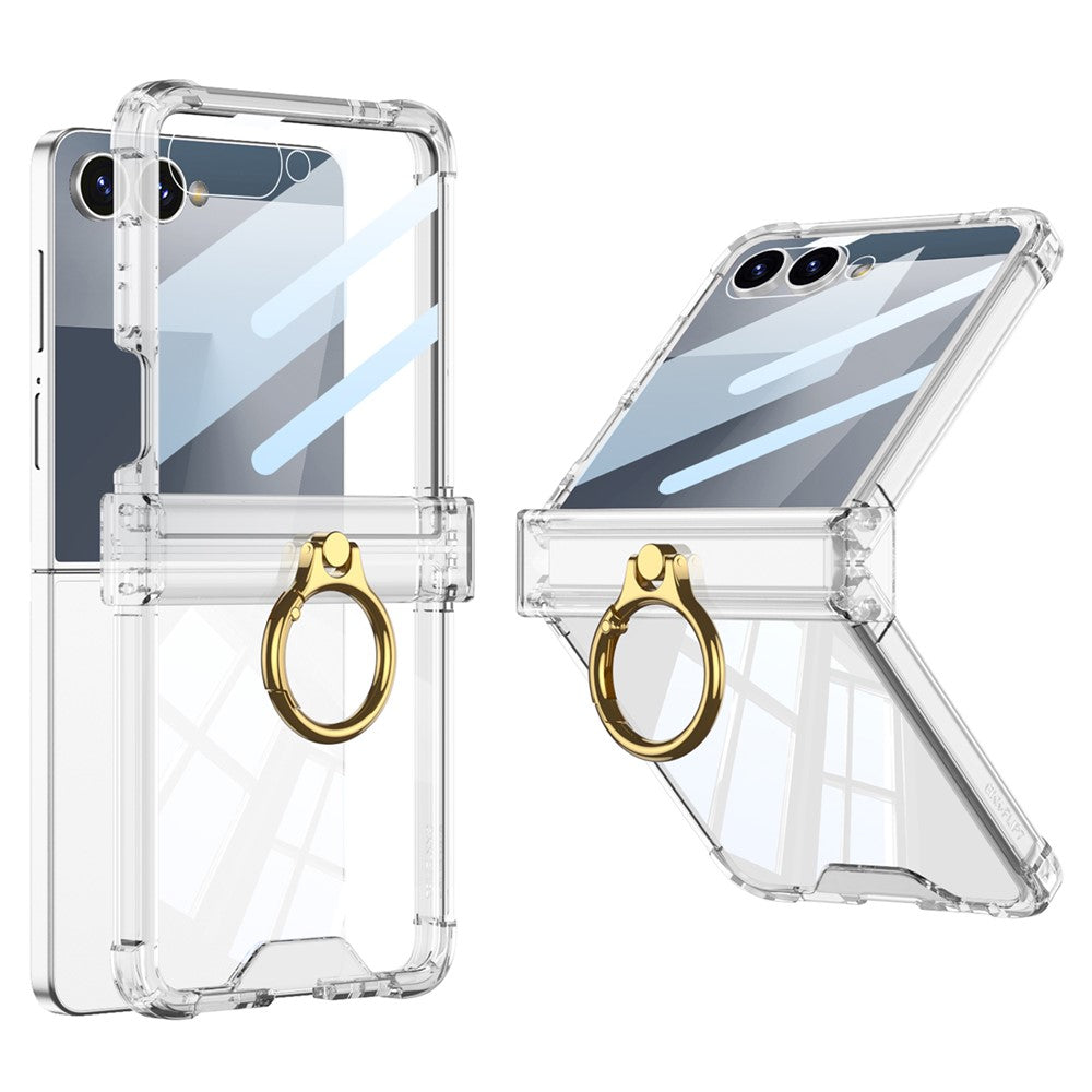 GKK For Samsung Galaxy Z Flip7 5G Case Airbag Hinge Protection Ring Holder Shockproof Phone Cover with Back Film - Transparent