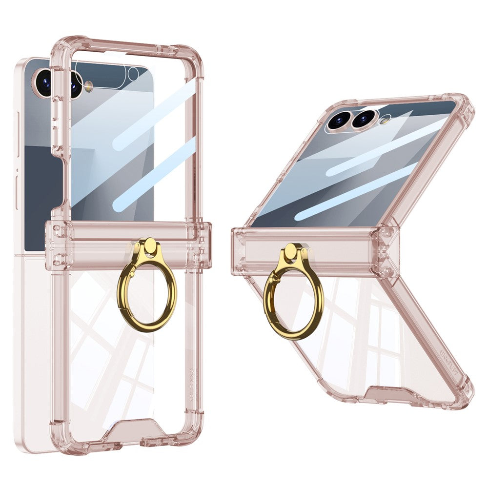 GKK For Samsung Galaxy Z Flip7 5G Case Airbag Hinge Protection Ring Holder Shockproof Phone Cover with Back Film - Light Pink