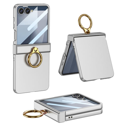 GKK For Samsung Galaxy Z Flip7 5G Case Ultra Thin Ring Kickstand Phone Cover Full Protection with Screen Film - Silver