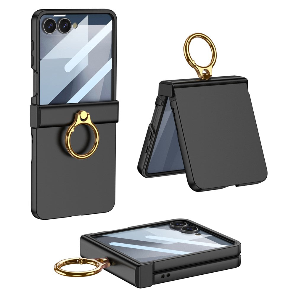 GKK For Samsung Galaxy Z Flip7 5G Case Ultra Thin Ring Kickstand Phone Cover Full Protection with Screen Film - Black