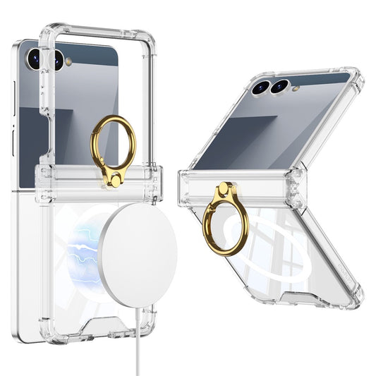 GKK For Samsung Galaxy Z Flip7 5G Magnetic Case with Ring Holder Airbag Hinge Protection Shockproof Phone Cover - Transparent