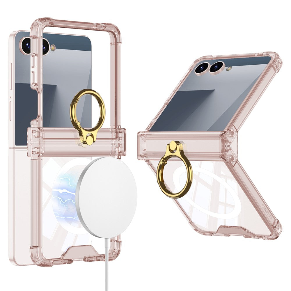 GKK For Samsung Galaxy Z Flip7 5G Magnetic Case with Ring Holder Airbag Hinge Protection Shockproof Phone Cover - Light Pink
