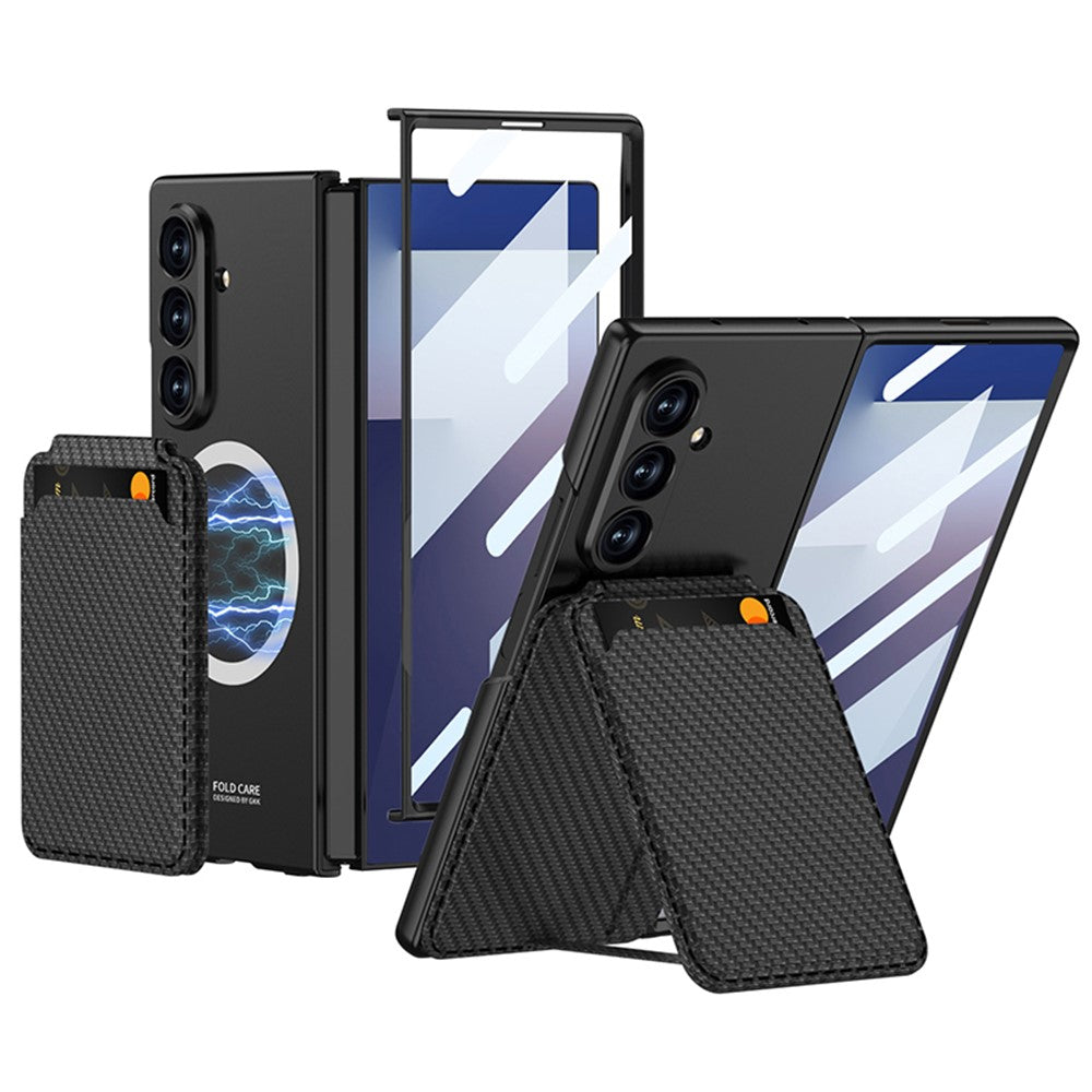 GKK For Samsung Galaxy Z Fold7 5G Magnetic Case PC + Tempered Glass Phone Cover with Card Holder Kickstand - Carbon Fiber Texture