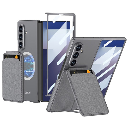 GKK For Samsung Galaxy Z Fold7 5G Magnetic Case PC + Tempered Glass Phone Cover with Card Holder Kickstand - Grey