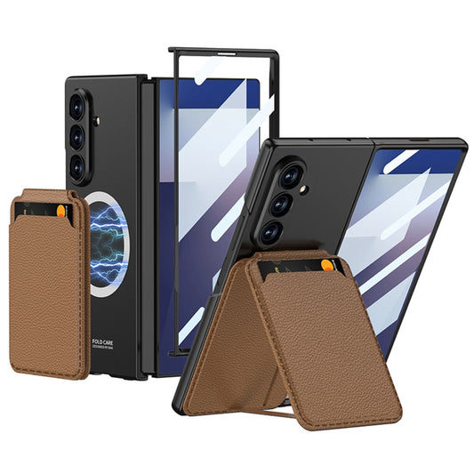 GKK For Samsung Galaxy Z Fold7 5G Magnetic Case PC + Tempered Glass Phone Cover with Card Holder Kickstand - Brown