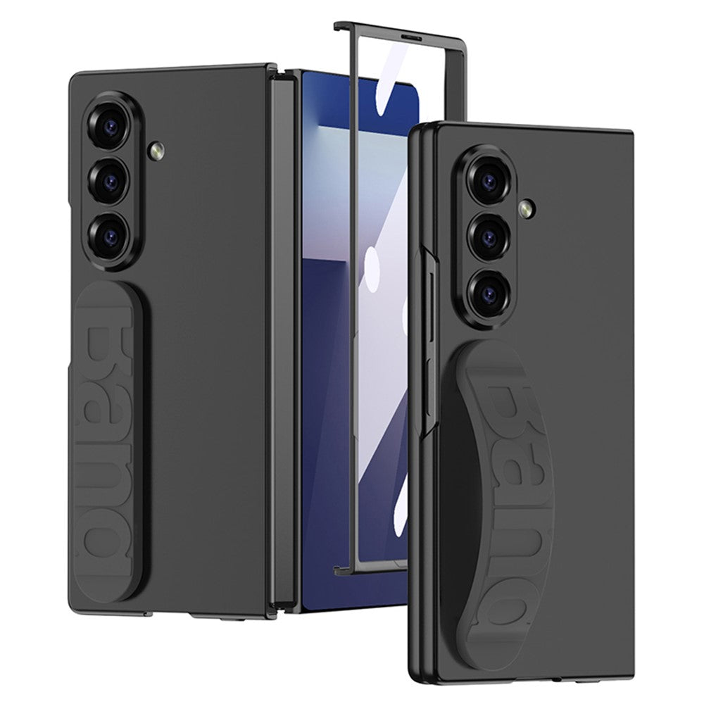GKK For Samsung Galaxy Z Fold7 5G Case with Silicone Wristband PC + Tempered Glass Phone Back Cover - Black