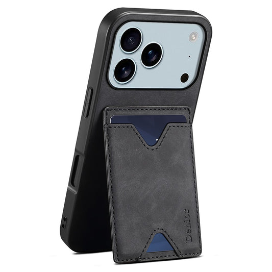 DENIOR For iPhone 17 Pro Max Case Card Holder Kickstand Leather + PC + TPU Phone Cover - Black