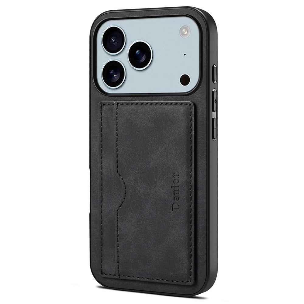 DENIOR For iPhone 17 Pro Max Case Card Holder Kickstand Leather Phone Back Cover - Black