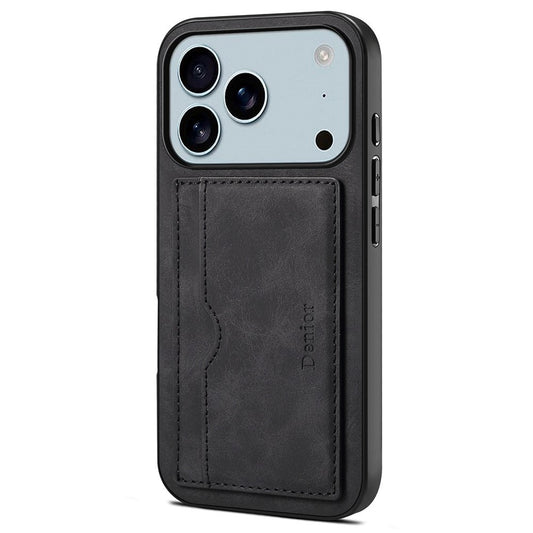 DENIOR For iPhone 17 Pro Max Case Card Holder Kickstand Leather Phone Back Cover - Black
