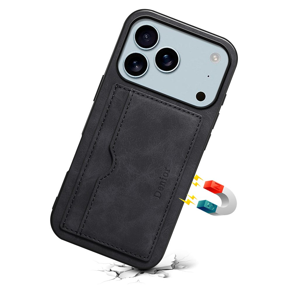 DENIOR For iPhone 17 Pro Max Case Card Holder Kickstand Leather Phone Back Cover - Black