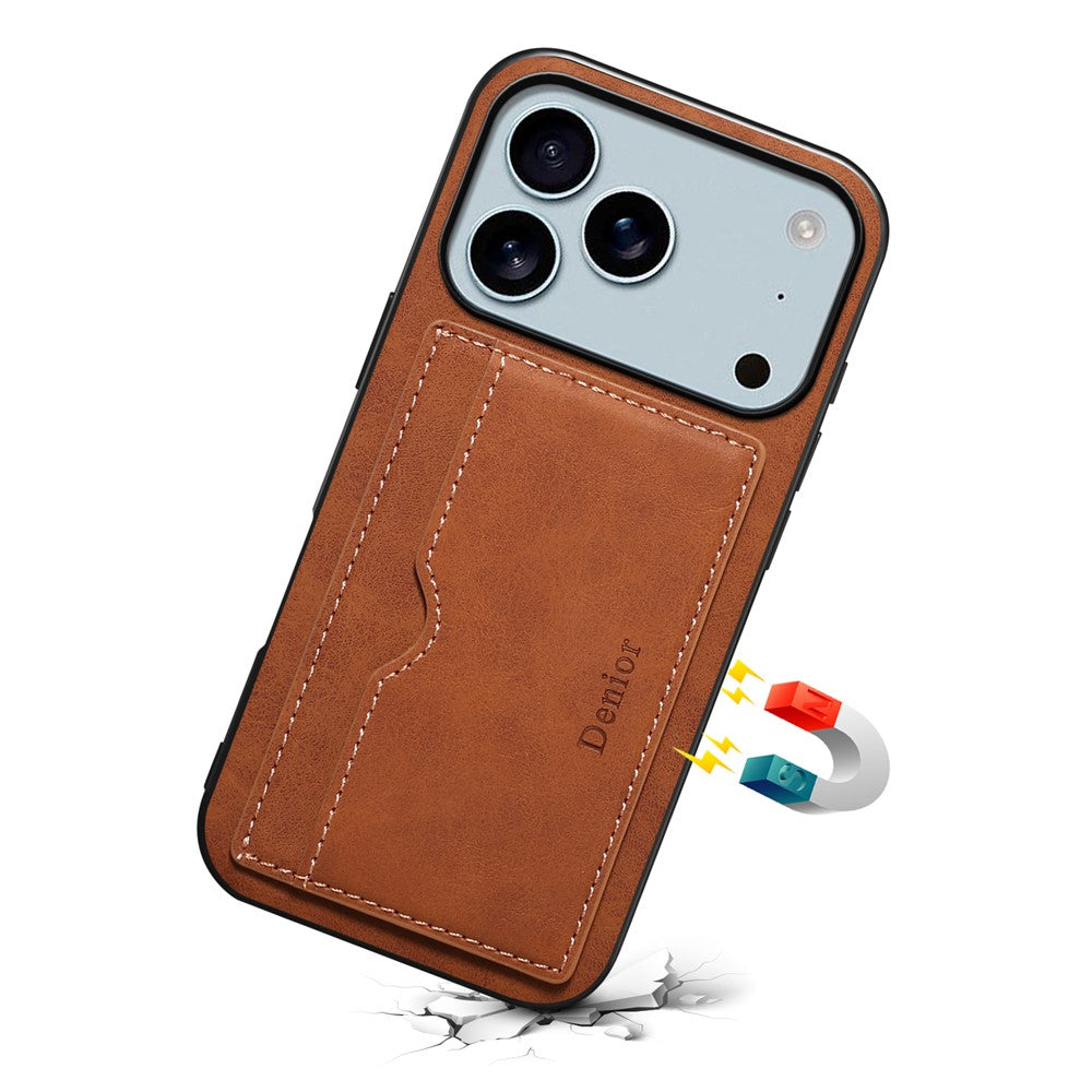 DENIOR For iPhone 17 Pro Max Case Card Holder Kickstand Leather Phone Back Cover - Brown