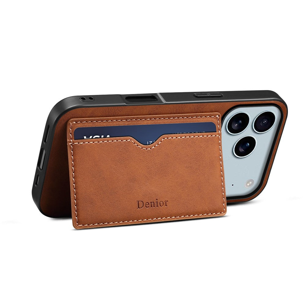 DENIOR For iPhone 17 Pro Max Case Card Holder Kickstand Leather Phone Back Cover - Brown