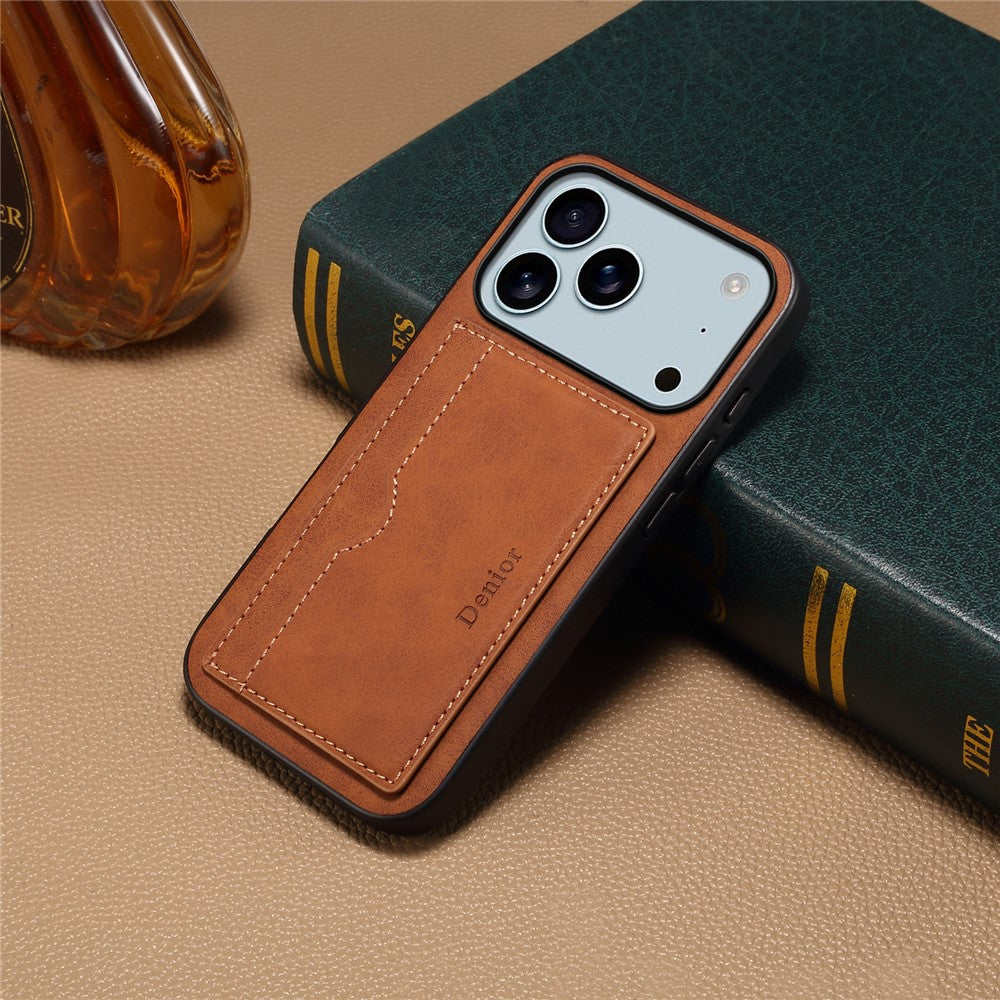 DENIOR For iPhone 17 Pro Max Case Card Holder Kickstand Leather Phone Back Cover - Brown