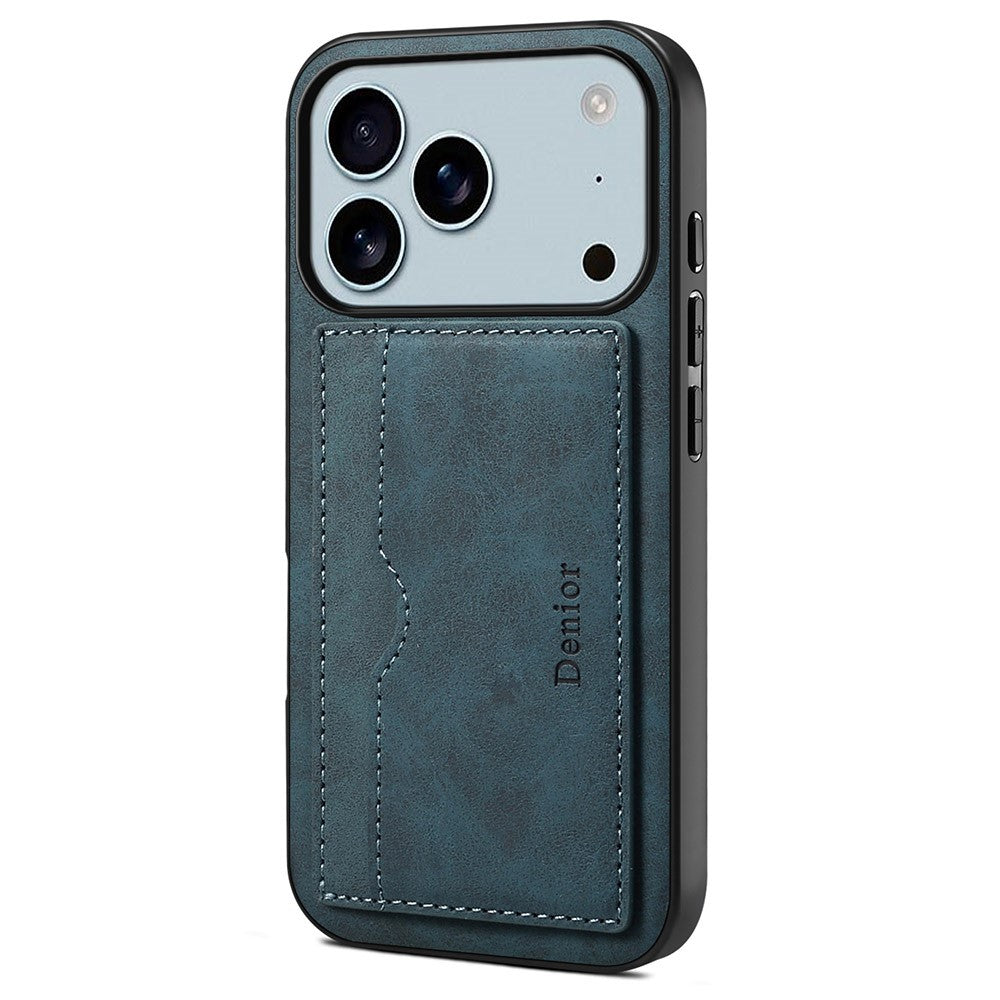 DENIOR For iPhone 17 Pro Max Case Card Holder Kickstand Leather Phone Back Cover - Blue