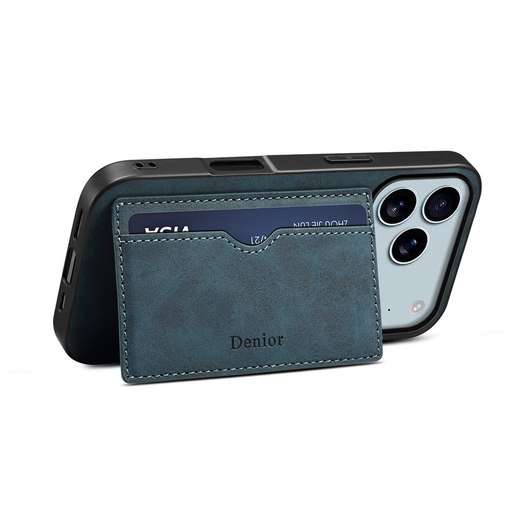 DENIOR For iPhone 17 Pro Max Case Card Holder Kickstand Leather Phone Back Cover - Blue