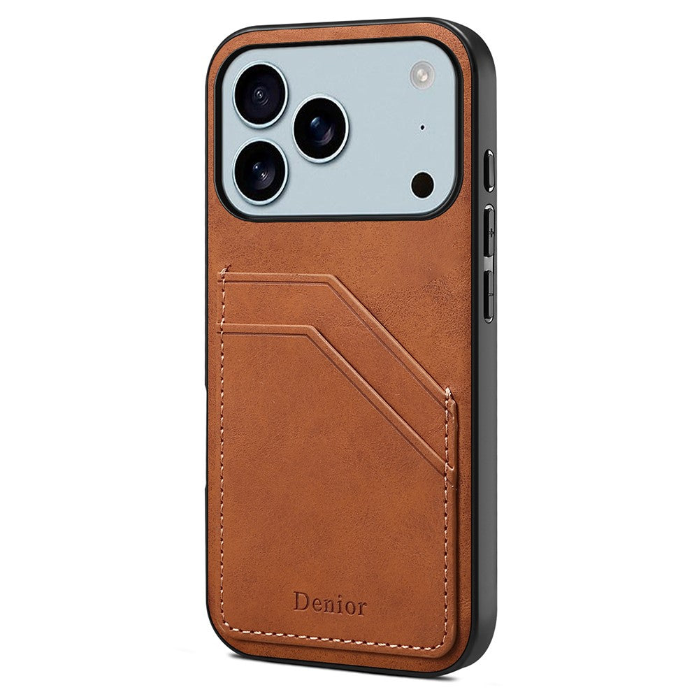 DENIOR For iPhone 17 Pro Max Case Dual Card Slots PU Leather + TPU + PC Phone Cover - Brown