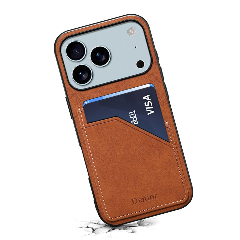 DENIOR For iPhone 17 Pro Max Case Dual Card Slots PU Leather + TPU + PC Phone Cover - Brown