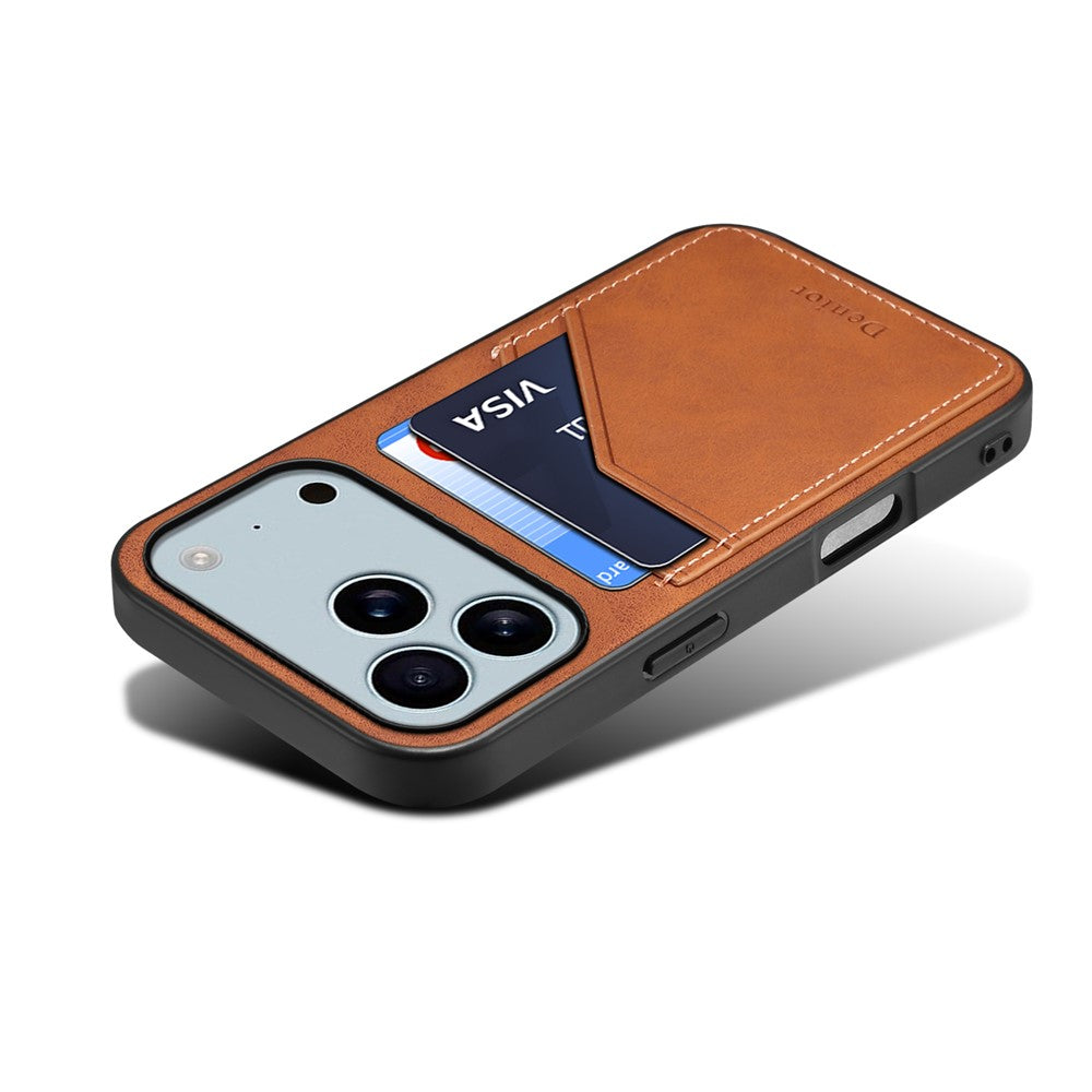 DENIOR For iPhone 17 Pro Max Case Dual Card Slots PU Leather + TPU + PC Phone Cover - Brown