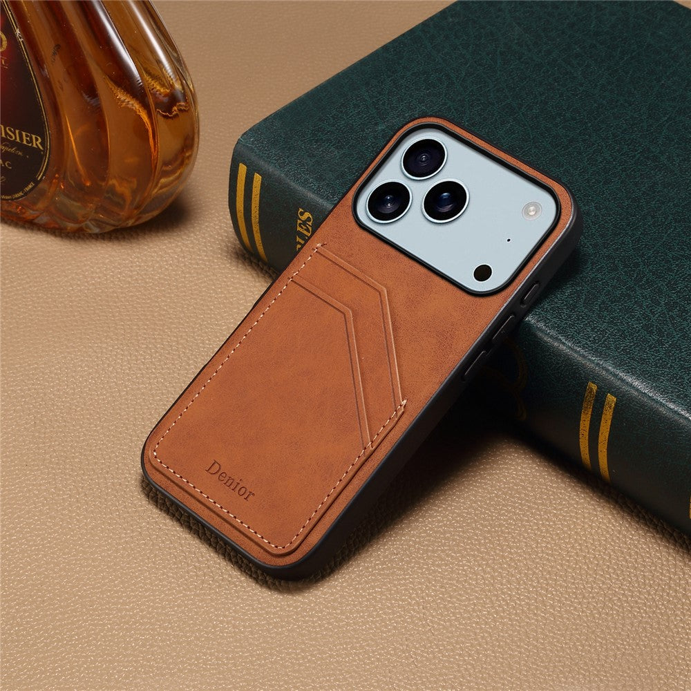 DENIOR For iPhone 17 Pro Max Case Dual Card Slots PU Leather + TPU + PC Phone Cover - Brown