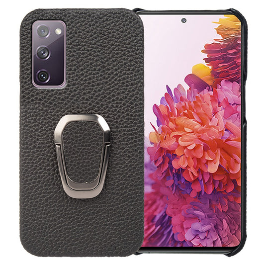For Samsung Galaxy S20 FE 5G / S20 FE / S20 FE 2022 / S20 Lite Litchi Texture Genuine Leather Coated PC Case Kickstand Phone Cover - Black