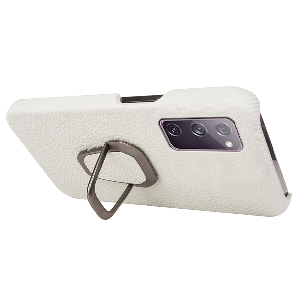 For Samsung Galaxy S20 FE 5G / S20 FE / S20 FE 2022 / S20 Lite Litchi Texture Genuine Leather Coated PC Case Kickstand Phone Cover - White