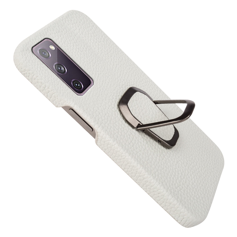 For Samsung Galaxy S20 FE 5G / S20 FE / S20 FE 2022 / S20 Lite Litchi Texture Genuine Leather Coated PC Case Kickstand Phone Cover - White