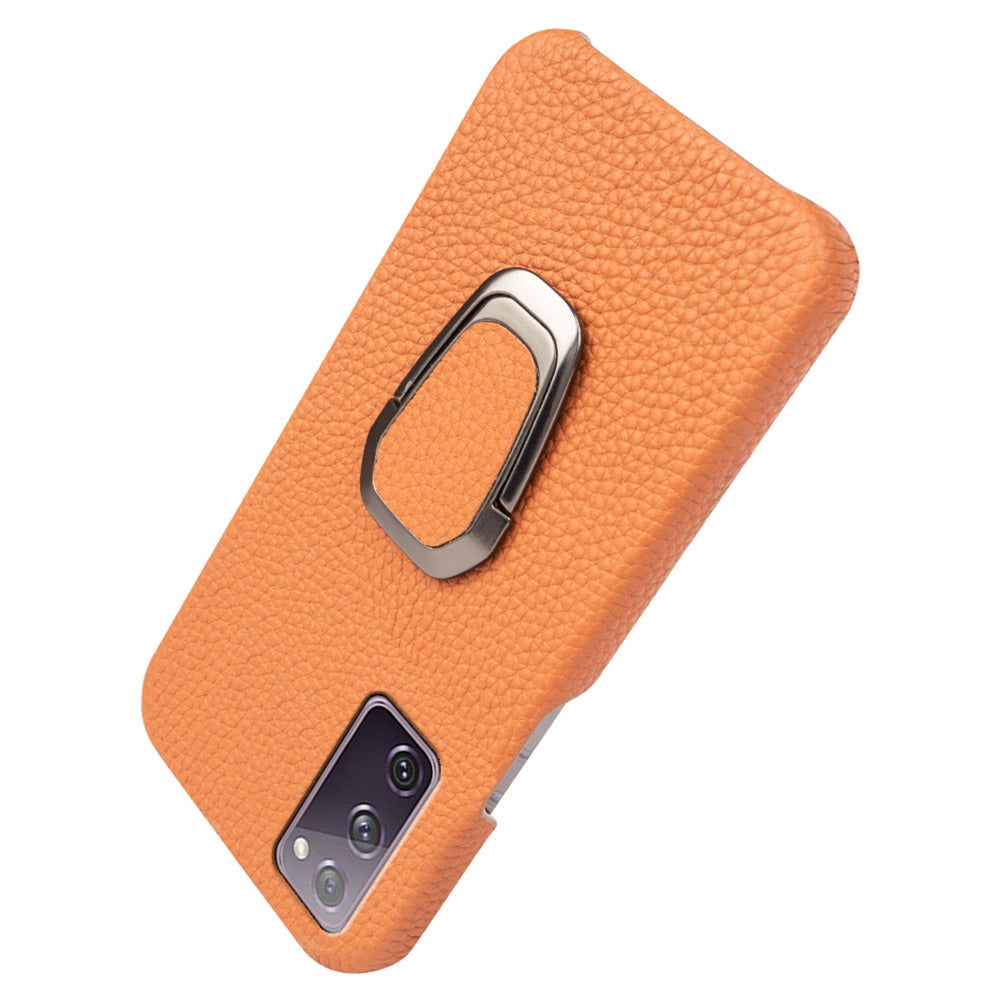 For Samsung Galaxy S20 FE 5G / S20 FE / S20 FE 2022 / S20 Lite Litchi Texture Genuine Leather Coated PC Case Kickstand Phone Cover - Brown
