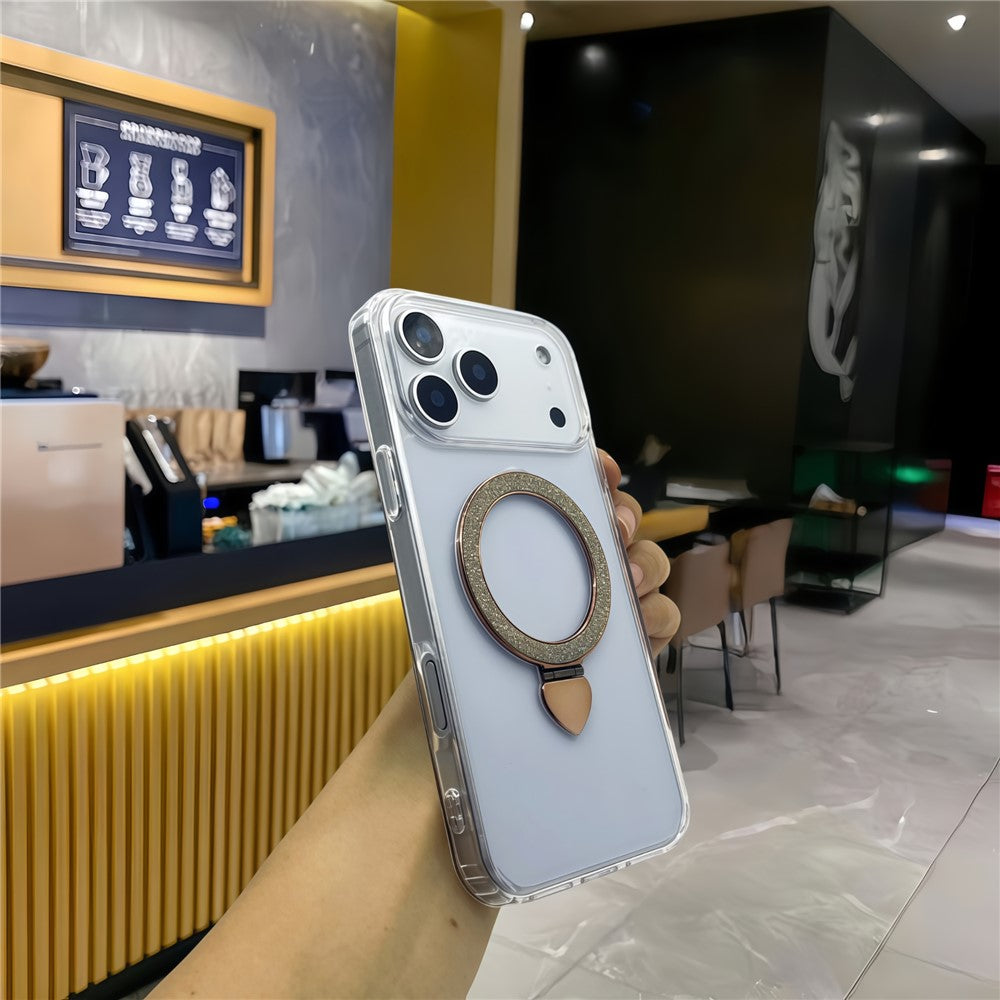 For iPhone 17 Pro Max Case TPU + Acrylic Clear Phone Cover with Glitter Ring Kickstand - Gold