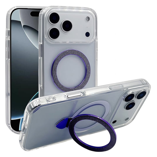 For iPhone 17 Pro Max Case TPU + Acrylic Clear Phone Cover with Glitter Ring Kickstand - Purple
