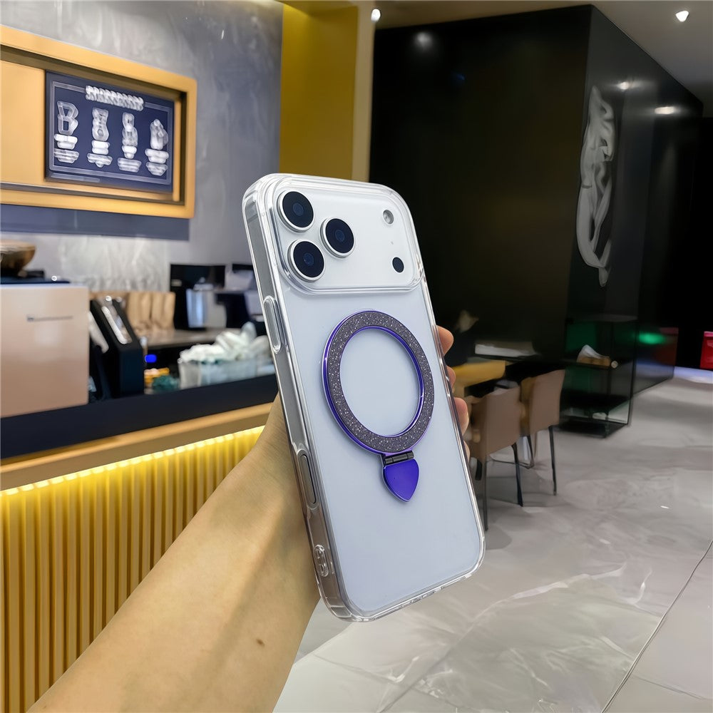 For iPhone 17 Pro Max Case TPU + Acrylic Clear Phone Cover with Glitter Ring Kickstand - Purple