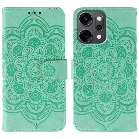 For Oppo Reno14 Pro 5G (Global) Case Rhinestone Decor PU Leather Mandala Imprinted Design Phone Cover with Wrist Strap - Green
