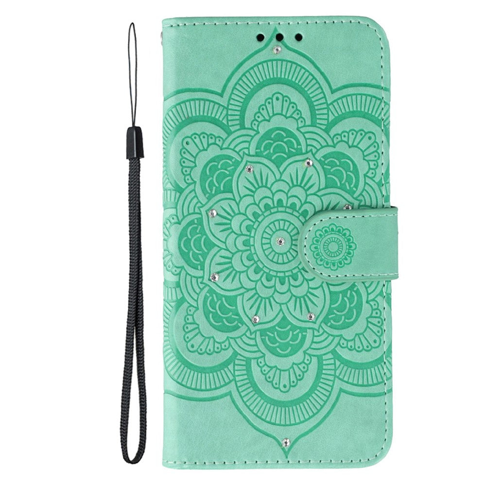 For Oppo Reno14 Pro 5G (Global) Case Rhinestone Decor PU Leather Mandala Imprinted Design Phone Cover with Wrist Strap - Green