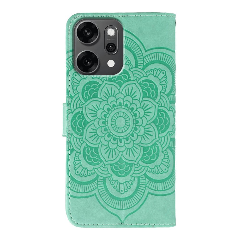 For Oppo Reno14 Pro 5G (Global) Case Rhinestone Decor PU Leather Mandala Imprinted Design Phone Cover with Wrist Strap - Green