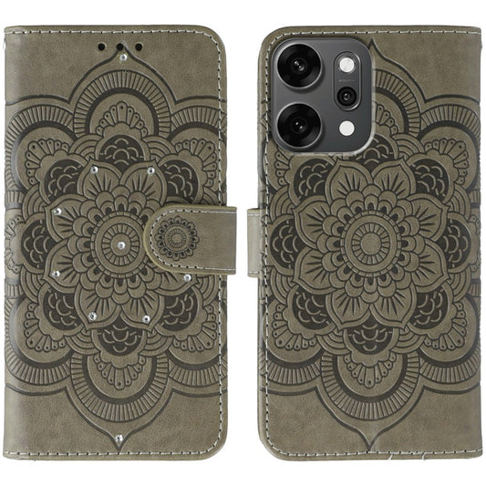 For Oppo Reno14 Pro 5G (Global) Case Rhinestone Decor PU Leather Mandala Imprinted Design Phone Cover with Wrist Strap - Grey