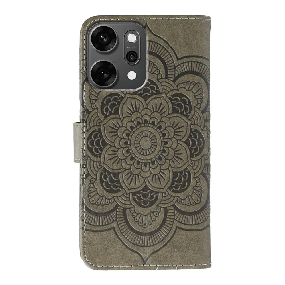 For Oppo Reno14 Pro 5G (Global) Case Rhinestone Decor PU Leather Mandala Imprinted Design Phone Cover with Wrist Strap - Grey