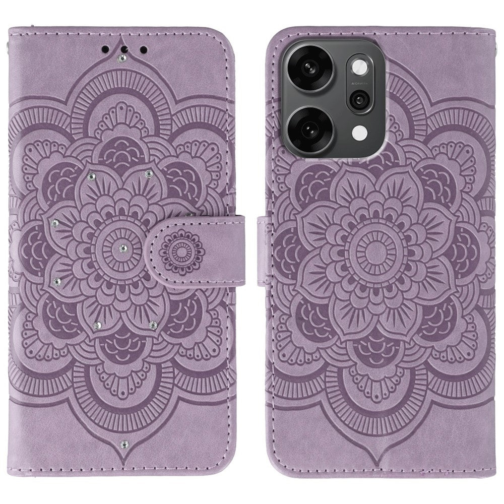 For Oppo Reno14 Pro 5G (Global) Case Rhinestone Decor PU Leather Mandala Imprinted Design Phone Cover with Wrist Strap - Purple