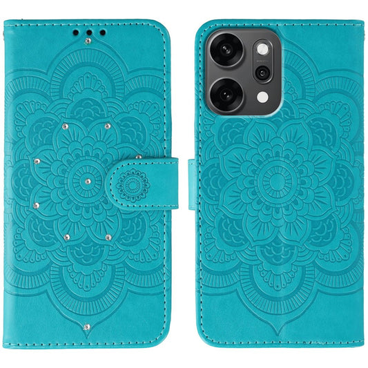 For Oppo Reno14 Pro 5G (Global) Case Rhinestone Decor PU Leather Mandala Imprinted Design Phone Cover with Wrist Strap - Blue