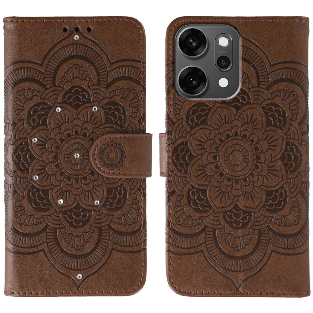 For Oppo Reno14 Pro 5G (Global) Case Rhinestone Decor PU Leather Mandala Imprinted Design Phone Cover with Wrist Strap - Brown