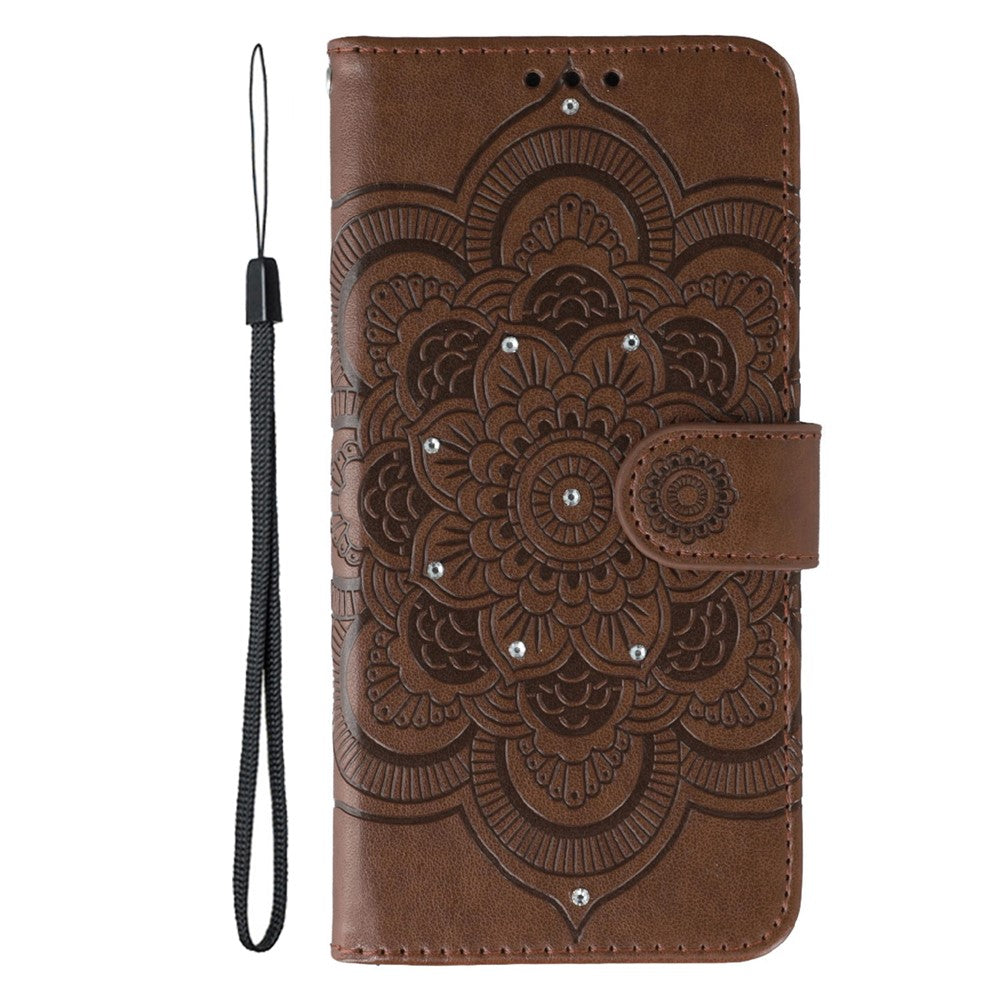 For Oppo Reno14 Pro 5G (Global) Case Rhinestone Decor PU Leather Mandala Imprinted Design Phone Cover with Wrist Strap - Brown