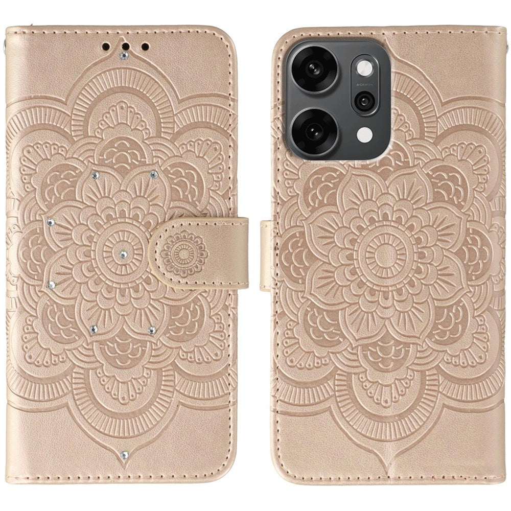 For Oppo Reno14 Pro 5G (Global) Case Rhinestone Decor PU Leather Mandala Imprinted Design Phone Cover with Wrist Strap - Rose Gold